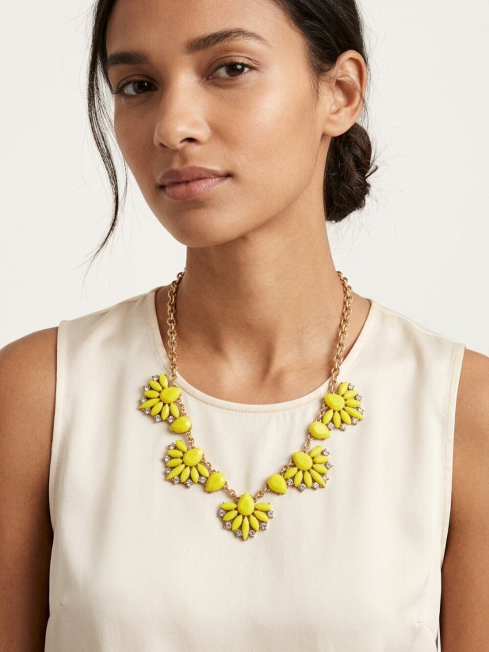 NWT J.Crew Chartreuse Yellow Floral Statement Necklace - Crystal Accents
